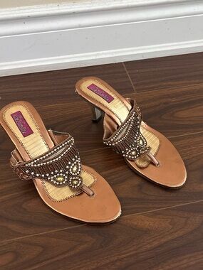 Bronze Beaded Thong Heel Sandals